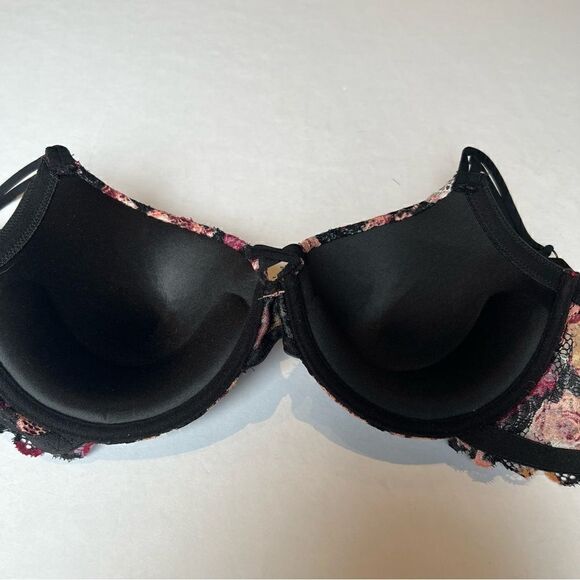 Beautiful Bebe Bra Push Up 34DD Black with pink multi color design and lace - Picture 2 of 7